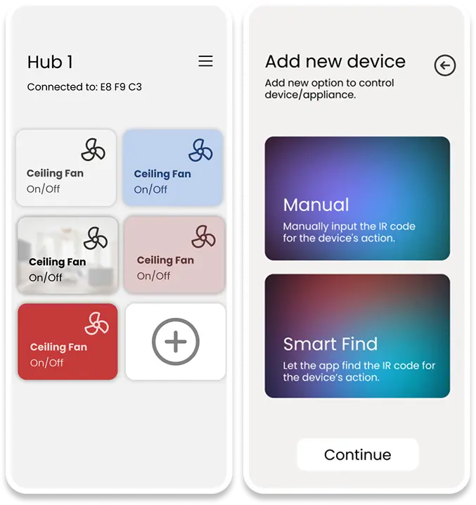 Screenshots of the IRDuino app, showcasing the UI and features